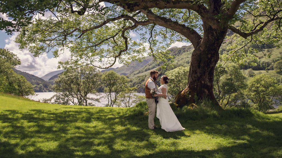 Snowdonia wedding - under the tree with Llyn Gwynant in the background
